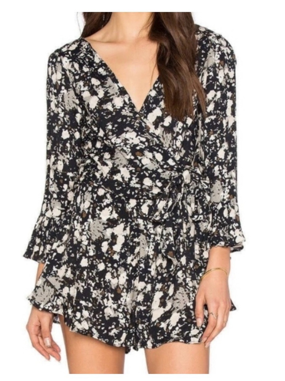 Free People Black and‎ Cream Floral Wrap Romper